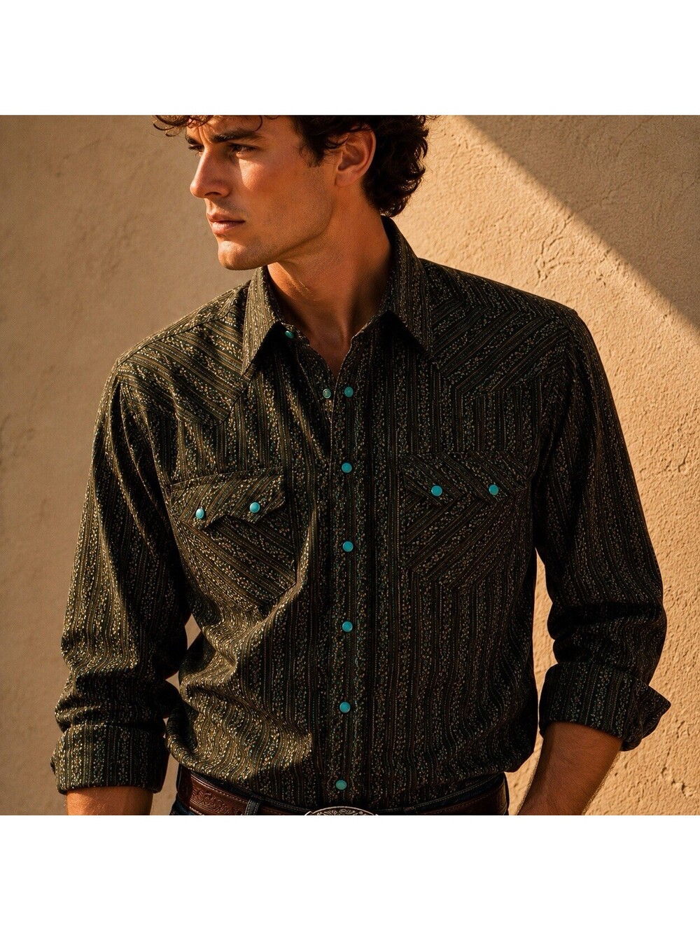 Panhandle Slim Western Pearl Snap Shirt Olive And Turquoise Print Large Cowboy